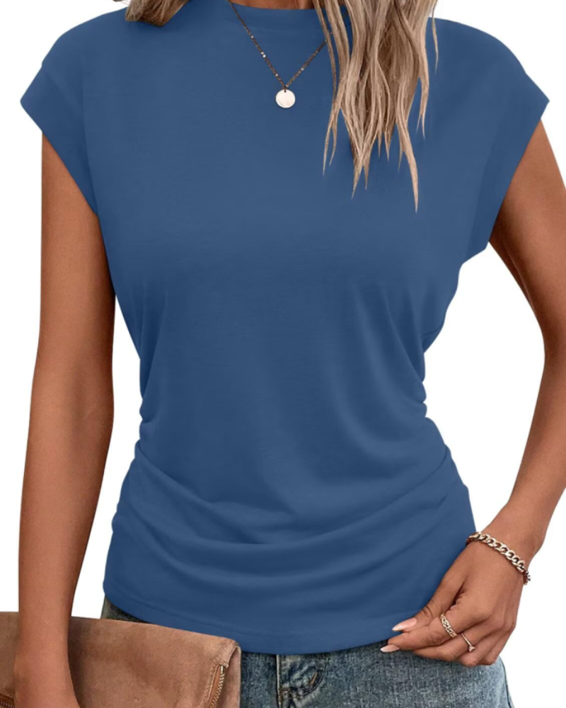 Charlotte Women’s Cap Sleeve Top – Pleated Round Neck Summer T-Shirt
