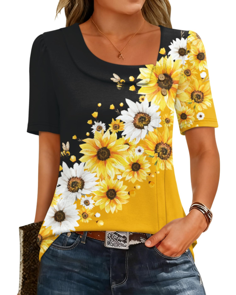 Adeline Women’s Asymmetrical Neck Top – Short Sleeve Button Detail Summer Blouse