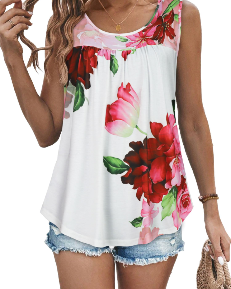 Clara Women’s Pleated Tank Top – Crew Neck Floral Sleeveless Tunic Blouse