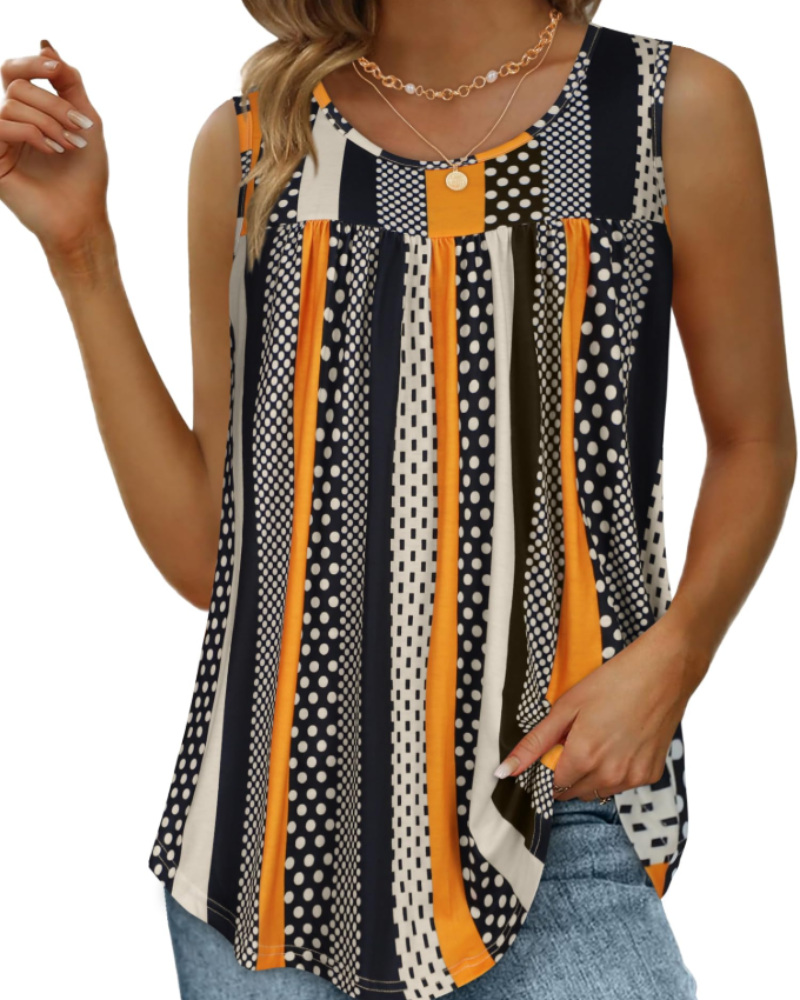 Clara Women’s Pleated Tank Top – Crew Neck Floral Sleeveless Tunic Blouse