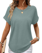 Hannah Women’s Waffle Knit Top – Short Sleeve Round Neck Color Block Shirt