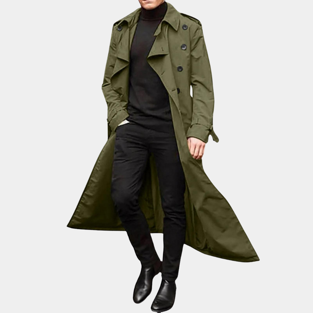 Laurence Men’s Trench Coat – Water-Repellent Long Jacket with Adjustable Sleeves