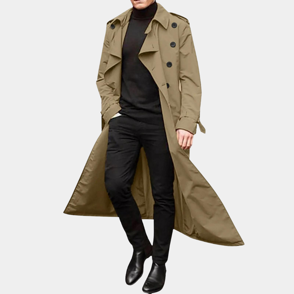 Laurence Men’s Trench Coat – Water-Repellent Long Jacket with Adjustable Sleeves