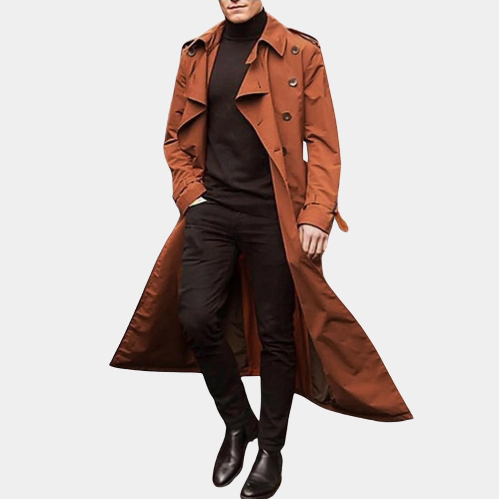 Laurence Men’s Trench Coat – Water-Repellent Long Jacket with Adjustable Sleeves