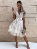 Wendy Women’s Tulle Mini Dress – Elegant V-Neck Backless Party Dress with Lace