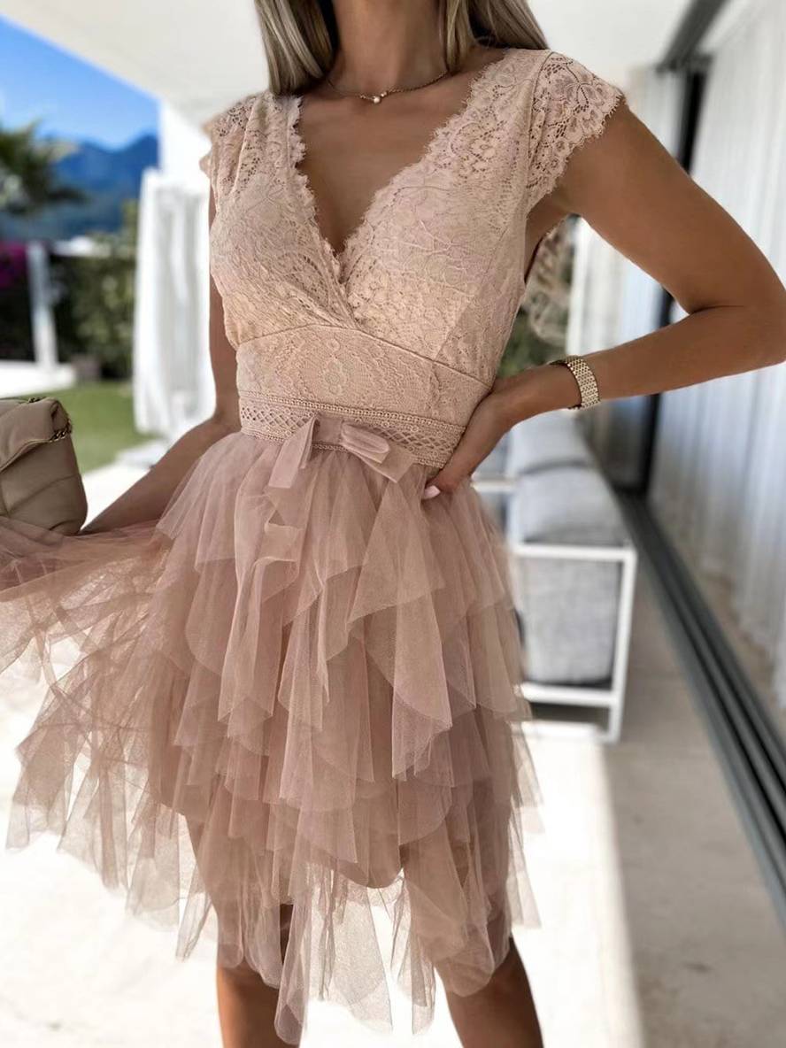 Wendy Women’s Tulle Mini Dress – Elegant V-Neck Backless Party Dress with Lace