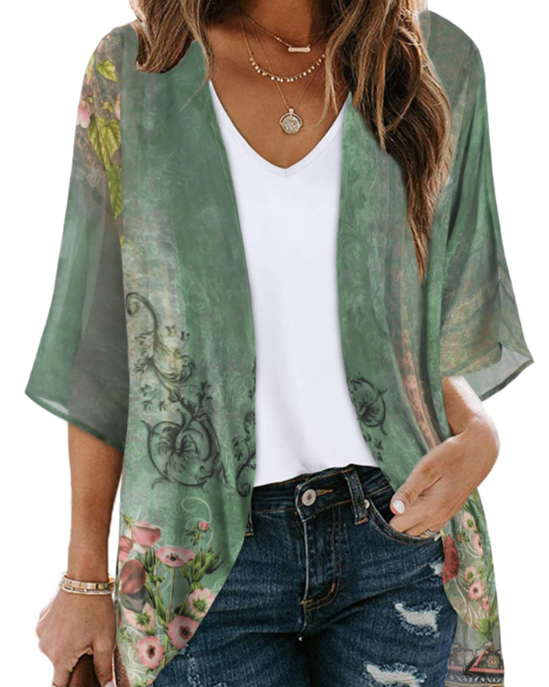 Camila Women's Floral Chiffon Kimono Cover-Up - Lightweight Boho Beach Cardigan