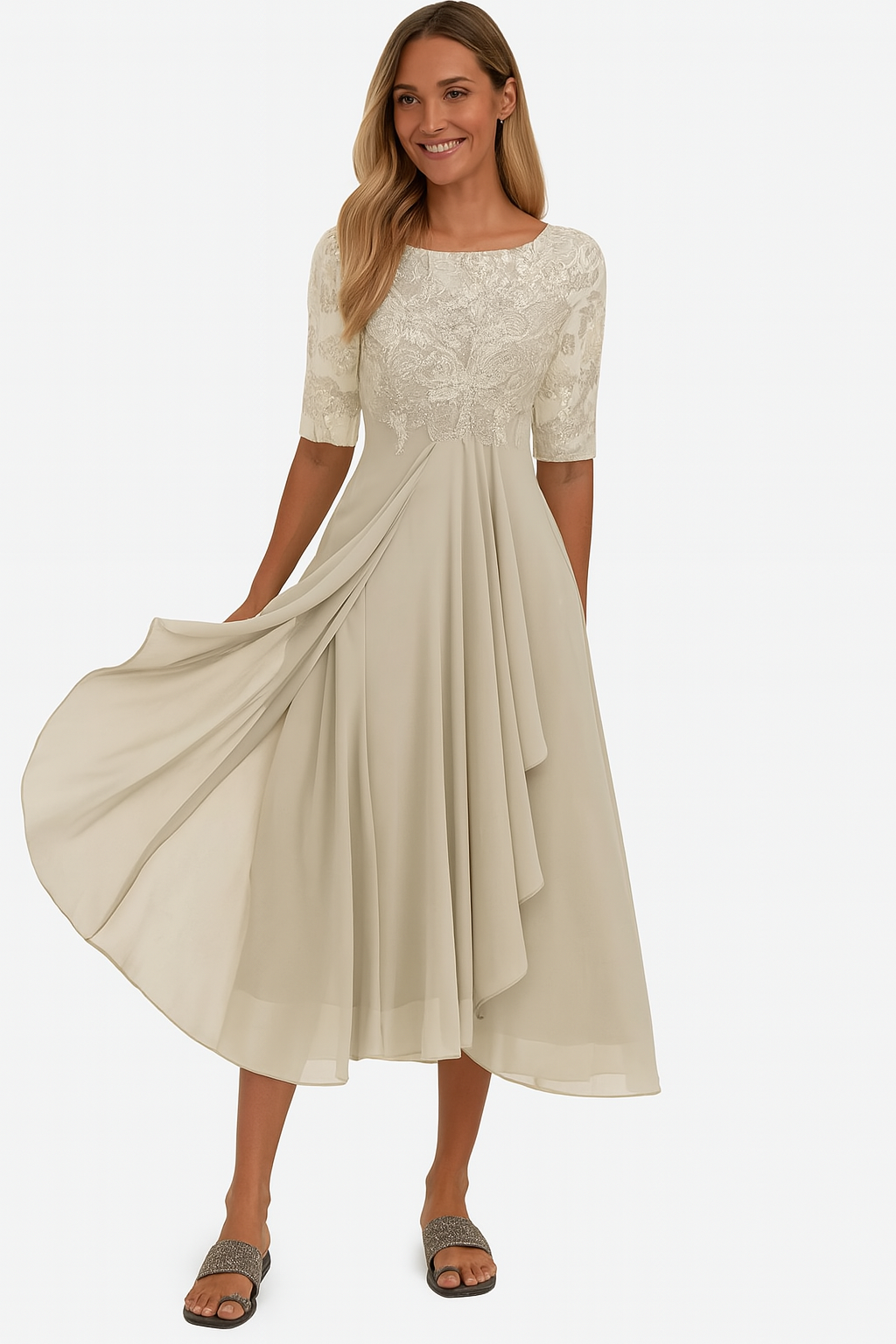 Vera Women’s Lace Dress – Elegant Chiffon A-Line Midi Dress for Weddings & Parties