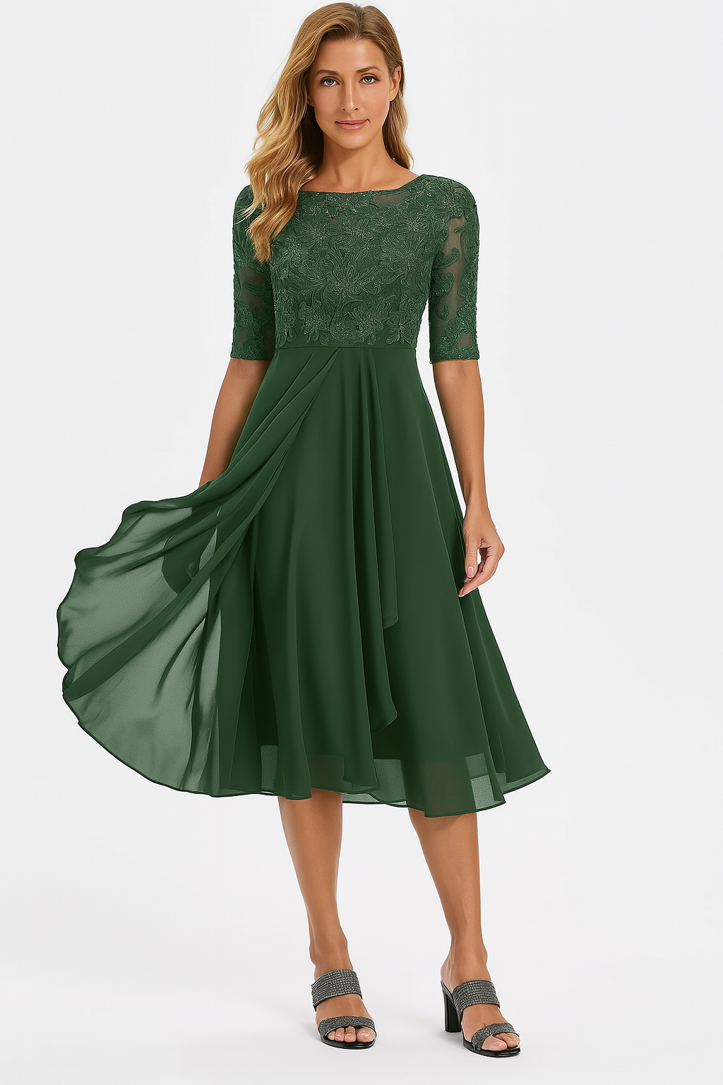 Vera Women’s Lace Dress – Elegant Chiffon A-Line Midi Dress for Weddings & Parties