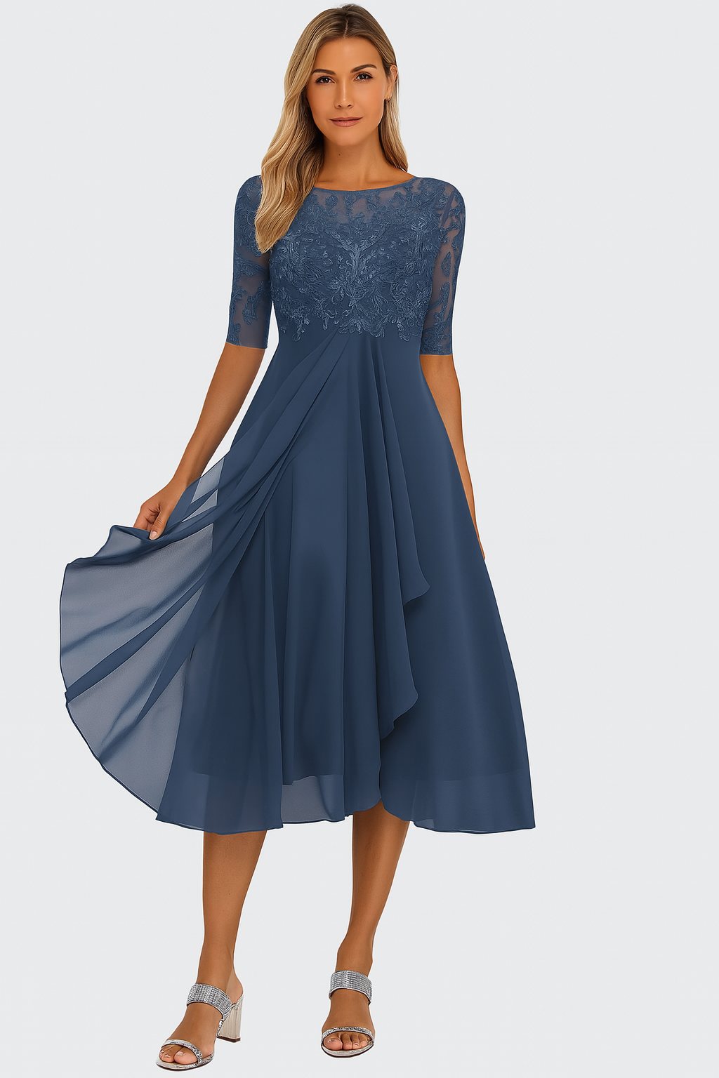 Vera Women’s Lace Dress – Elegant Chiffon A-Line Midi Dress for Weddings & Parties