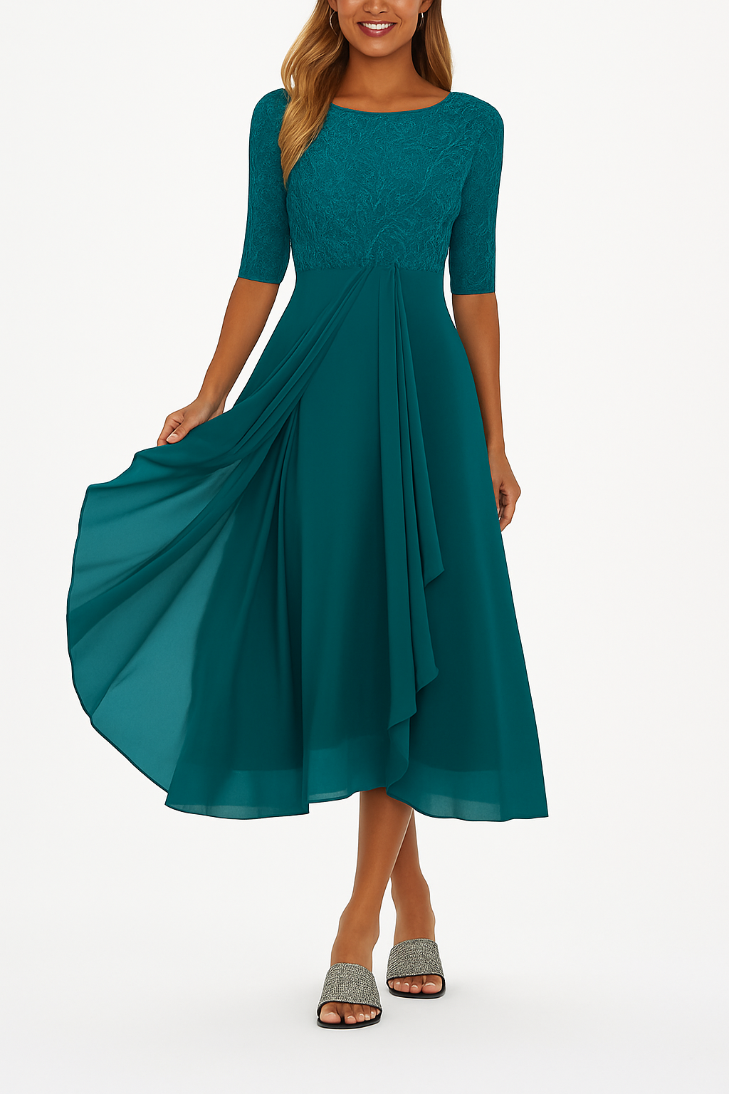Vera Women’s Lace Dress – Elegant Chiffon A-Line Midi Dress for Weddings & Parties