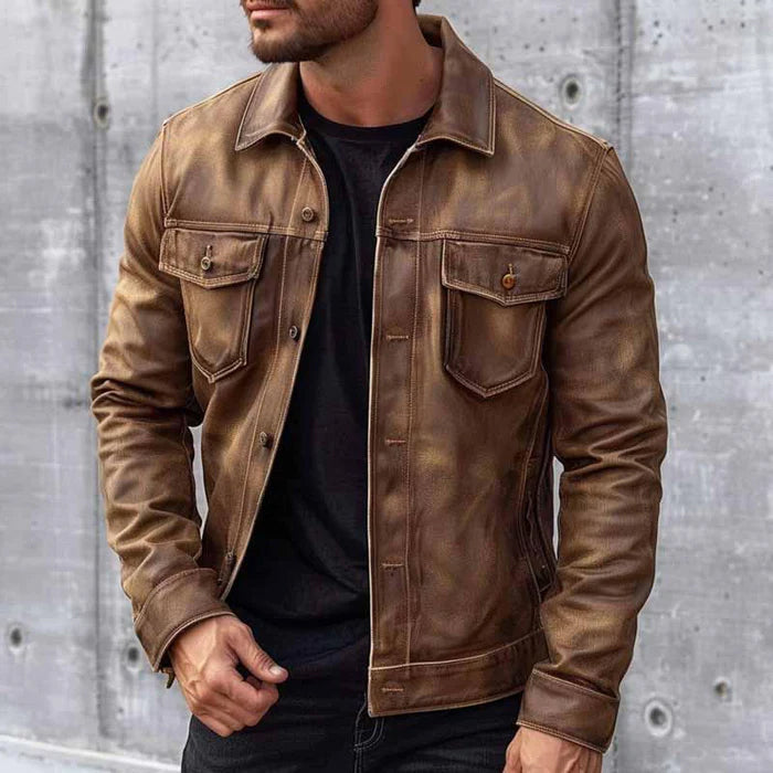 Pierre Men’s Vintage Leather Jacket – Classic Button-Up Jacket with Soft Lining