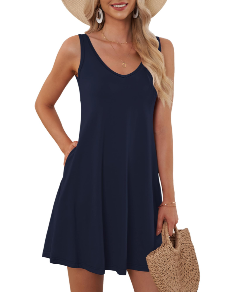 Grace Women’s V-Neck Tank Dress – A-Line Sleeveless Summer Dress with Pockets