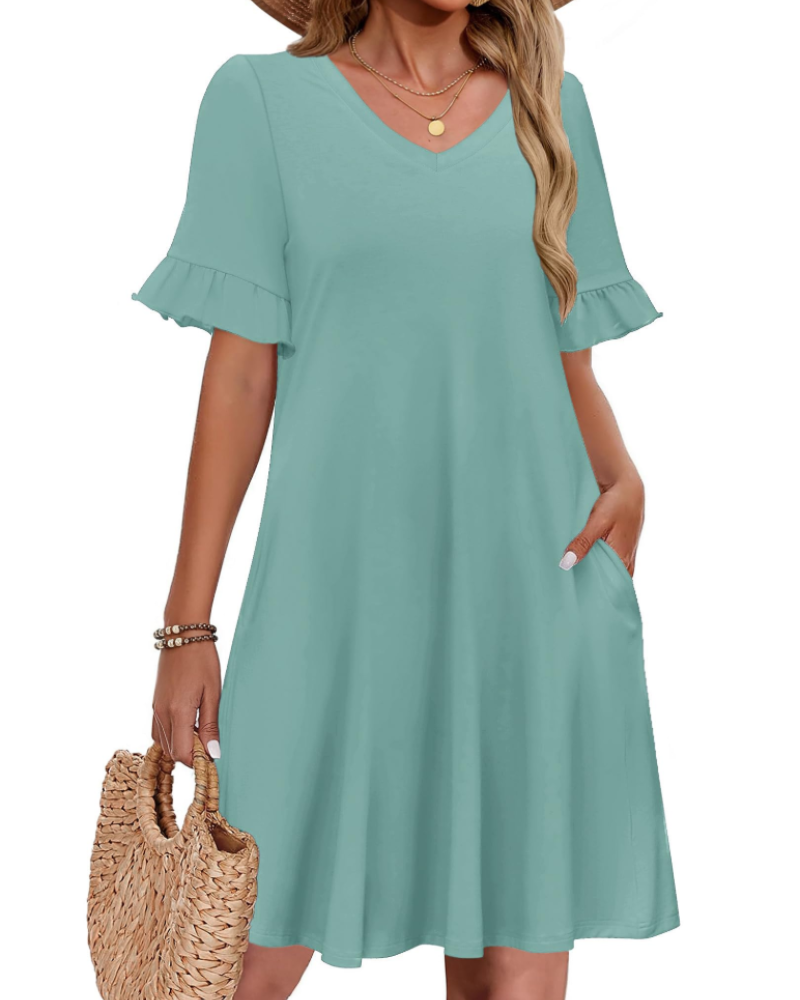 Freya Women’s A-Line Summer Dress – V-Neck Ruffle Sleeve Tunic Dress with Pockets