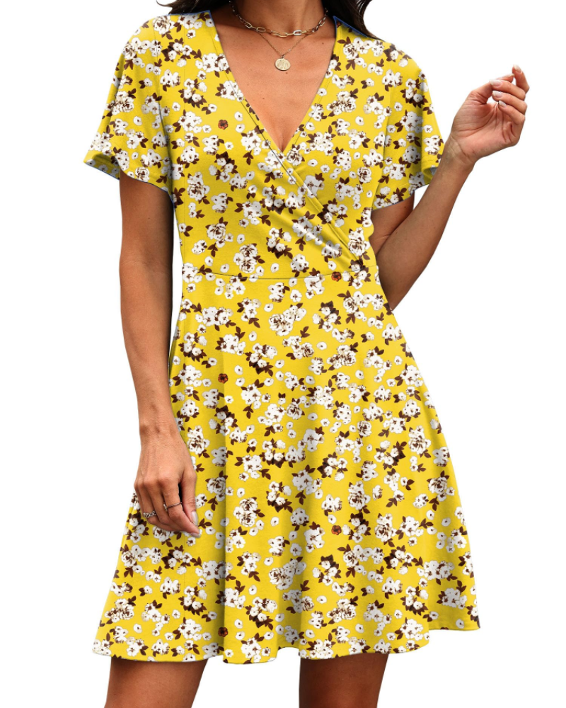 Isabelle Women’s Wrap V-Neck Dress – Ruffle Sleeve A-Line Summer Dress