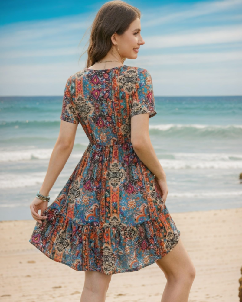 Lillian Women’s Boho Midi Dress – V-Neck Tassel Short Sleeve A-Line Dress