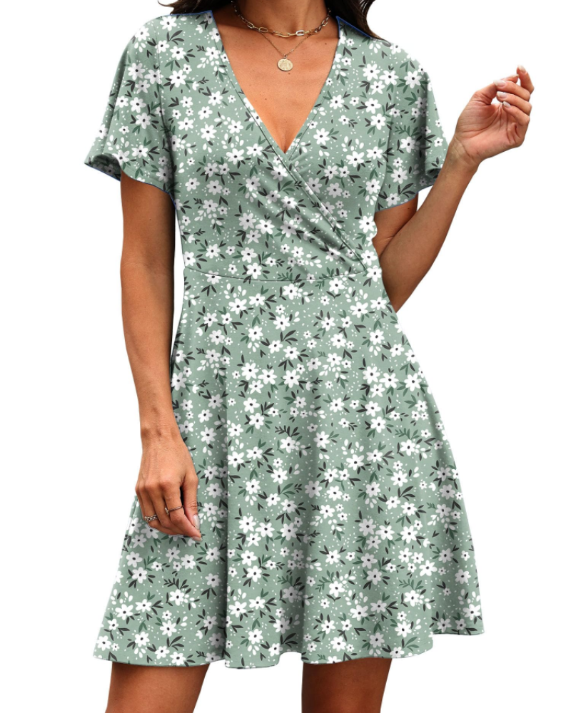 Isabelle Women’s Wrap V-Neck Dress – Ruffle Sleeve A-Line Summer Dress