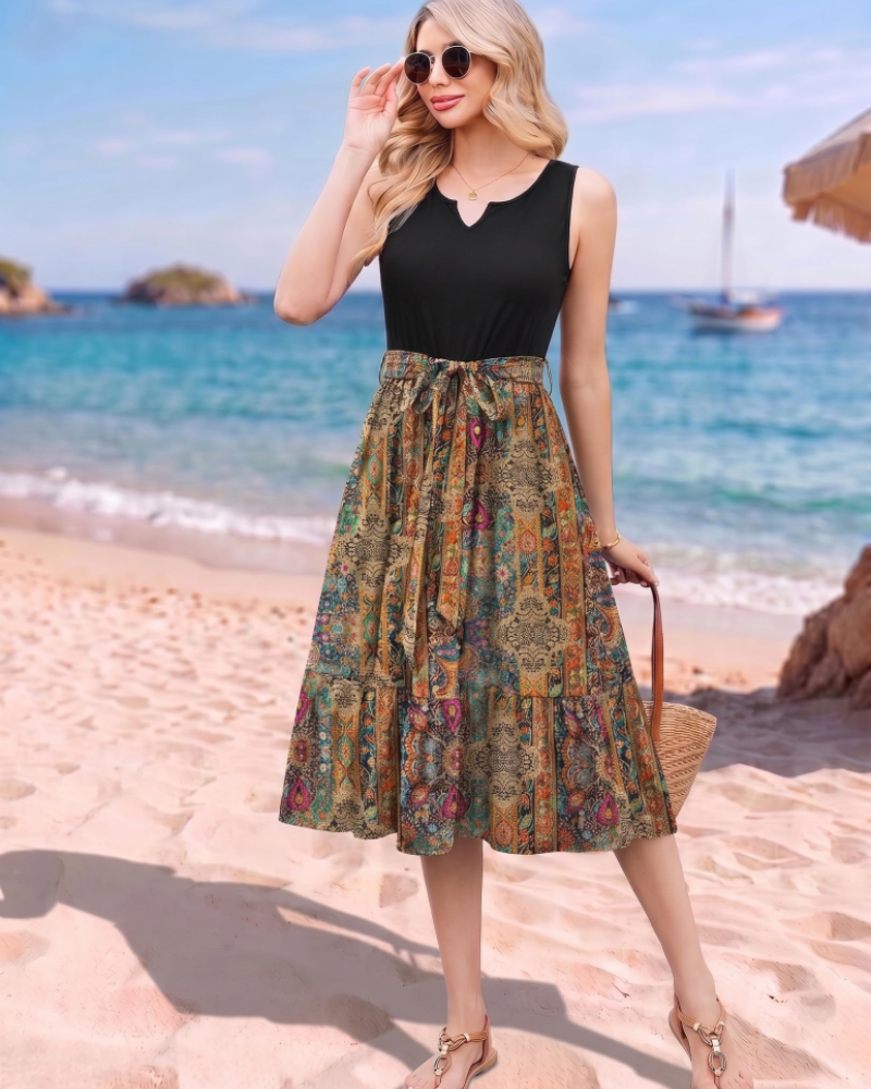 Amelia Women’s Sleeveless Midi Dress – V-Neck Belted Sundress with Pockets