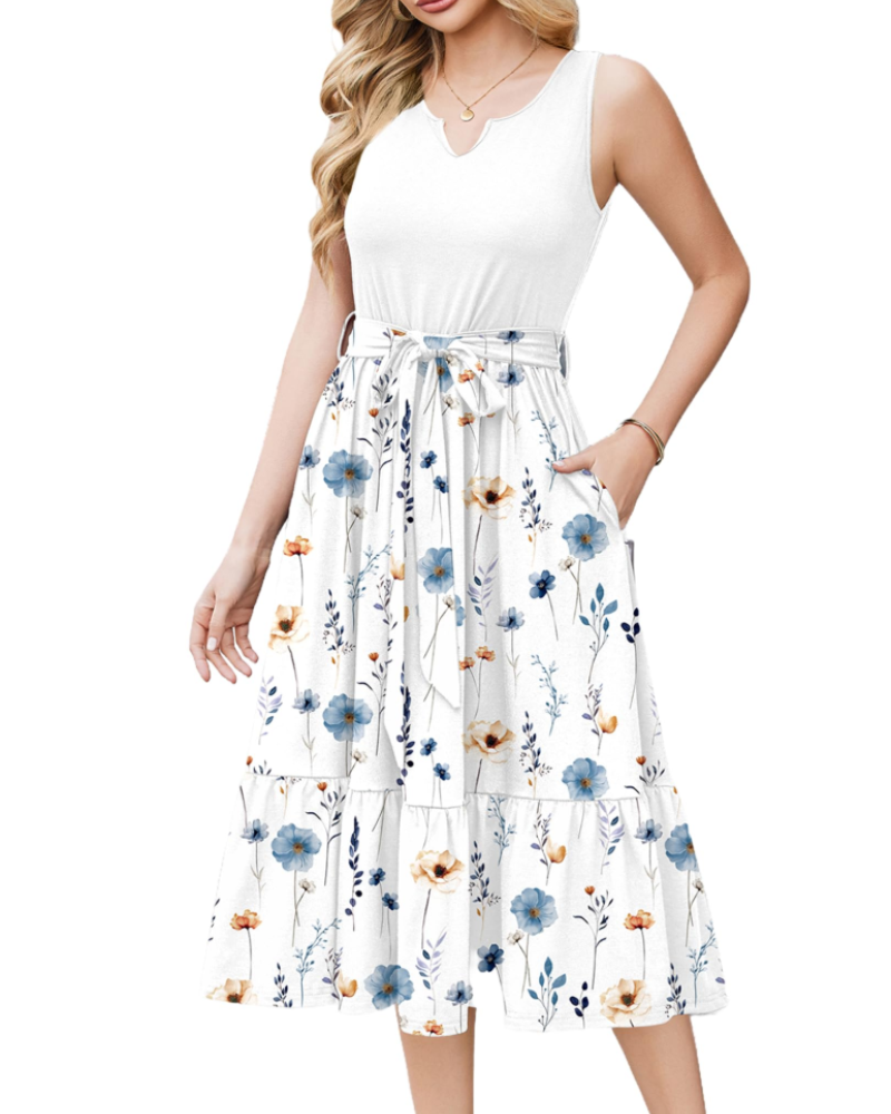 Amelia Women’s Sleeveless Midi Dress – V-Neck Belted Sundress with Pockets