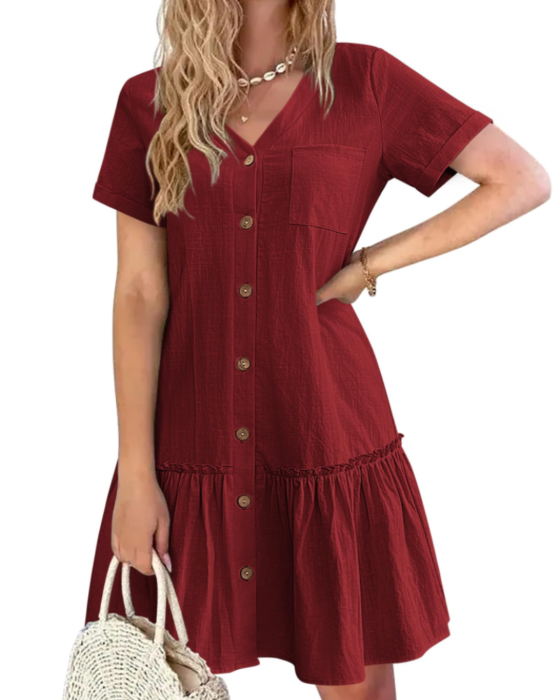 Daisy Women’s Linen Dress – V-Neck Button Down Summer Dress with Pocket