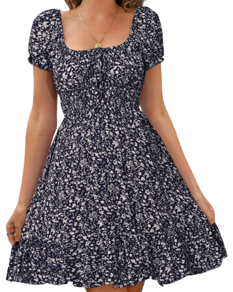 Natalie Women’s Floral Mini Dress – Puff Sleeve Open Back Summer Beach Dress