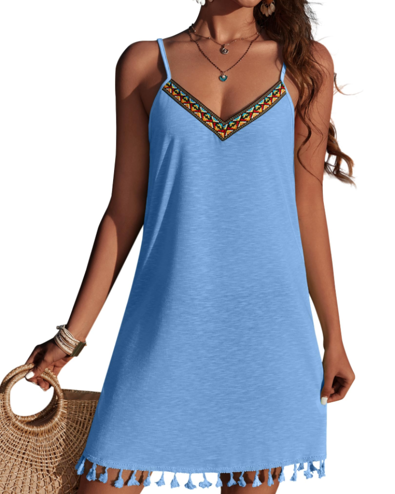 Victoria Women’s Embroidered Beach Dress – V-Neck Spaghetti Strap Cover-Up