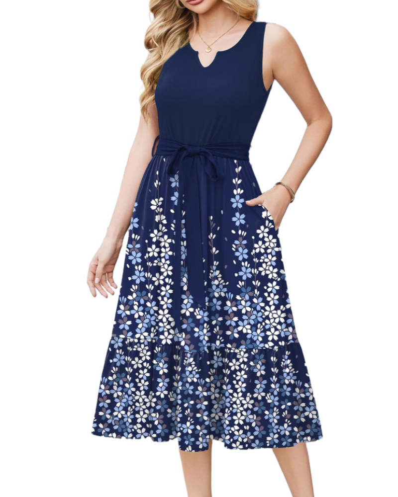 Amelia Women’s Sleeveless Midi Dress – V-Neck Belted Sundress with Pockets