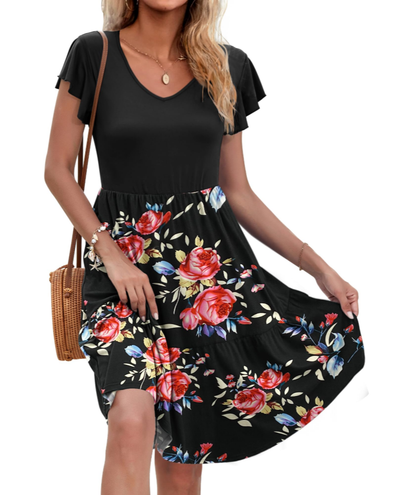 Mila Women’s V-Neck A-Line Dress – Ruffle Sleeve Fit & Flare Dress with Pockets