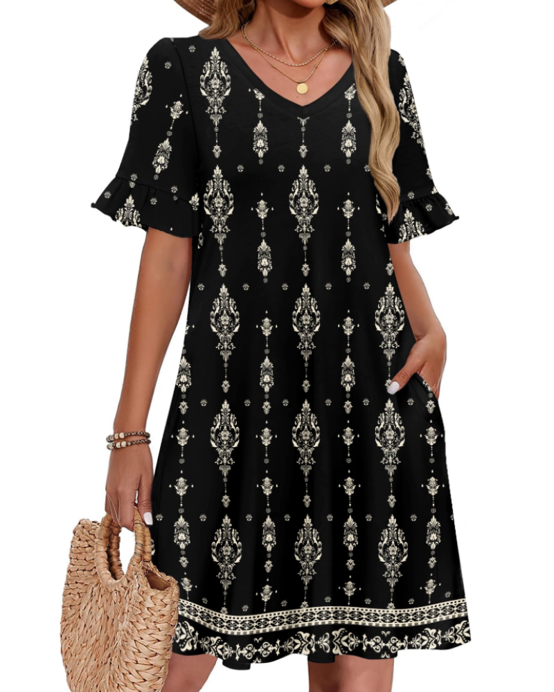 Freya Women’s A-Line Summer Dress – V-Neck Ruffle Sleeve Tunic Dress with Pockets