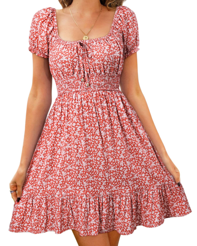 Natalie Women’s Floral Mini Dress – Puff Sleeve Open Back Summer Beach Dress