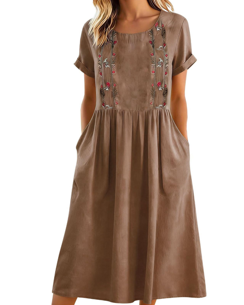 Eliana Women’s Embroidered Midi Dress – Cotton Linen A-Line Dress with Pockets