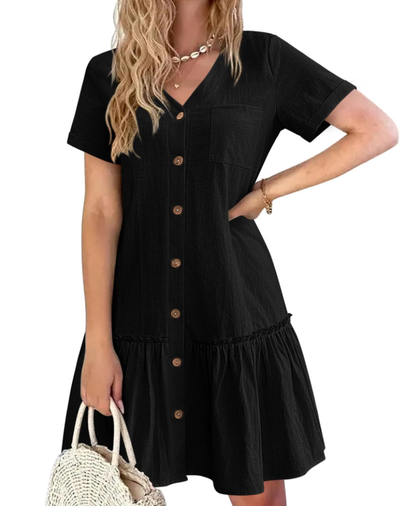 Daisy Women’s Linen Dress – V-Neck Button Down Summer Dress with Pocket