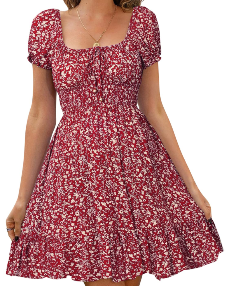 Natalie Women’s Floral Mini Dress – Puff Sleeve Open Back Summer Beach Dress