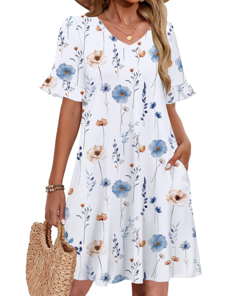 Freya Women’s A-Line Summer Dress – V-Neck Ruffle Sleeve Tunic Dress with Pockets