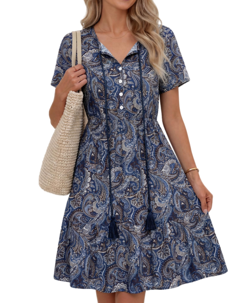 Lillian Women’s Boho Midi Dress – V-Neck Tassel Short Sleeve A-Line Dress