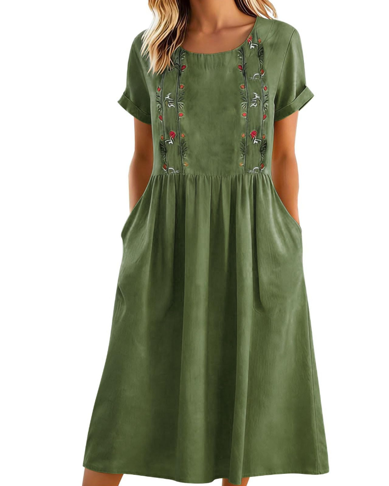 Eliana Women’s Embroidered Midi Dress – Cotton Linen A-Line Dress with Pockets