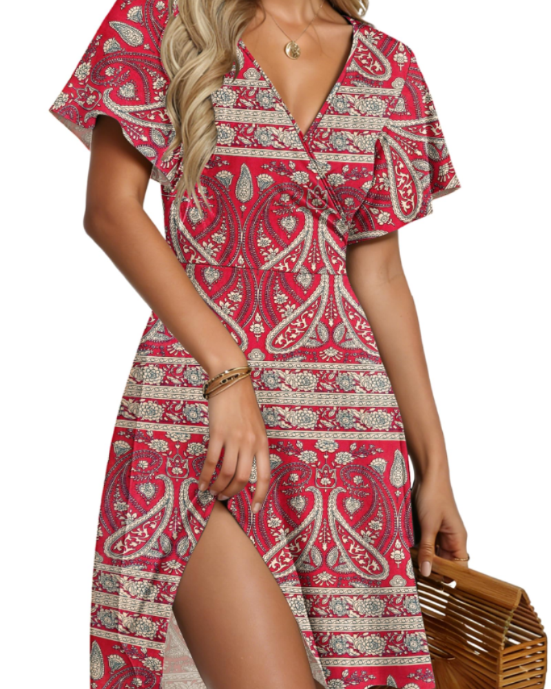 Ariana Women’s Wrap Dress – Ruffle Sleeve Knee-Length Summer Dress with Pockets