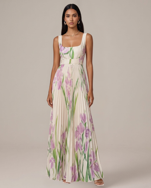 Audrey Women’s Floral Maxi Dress – Elegant Pleated Evening Dress with Flowy Fit