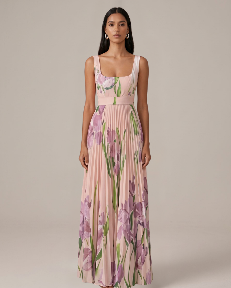 Audrey Women’s Floral Maxi Dress – Elegant Pleated Evening Dress with Flowy Fit