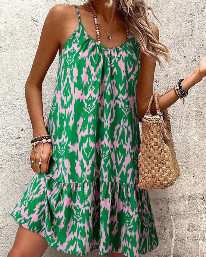 Daphne Women’s Floral Mini Dress – V-Neck Spaghetti Strap Ruffle Hem Sundress