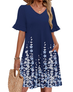 Freya Women’s A-Line Summer Dress – V-Neck Ruffle Sleeve Tunic Dress with Pockets