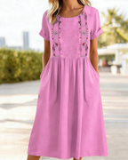 Eliana Women’s Embroidered Midi Dress – Cotton Linen A-Line Dress with Pockets