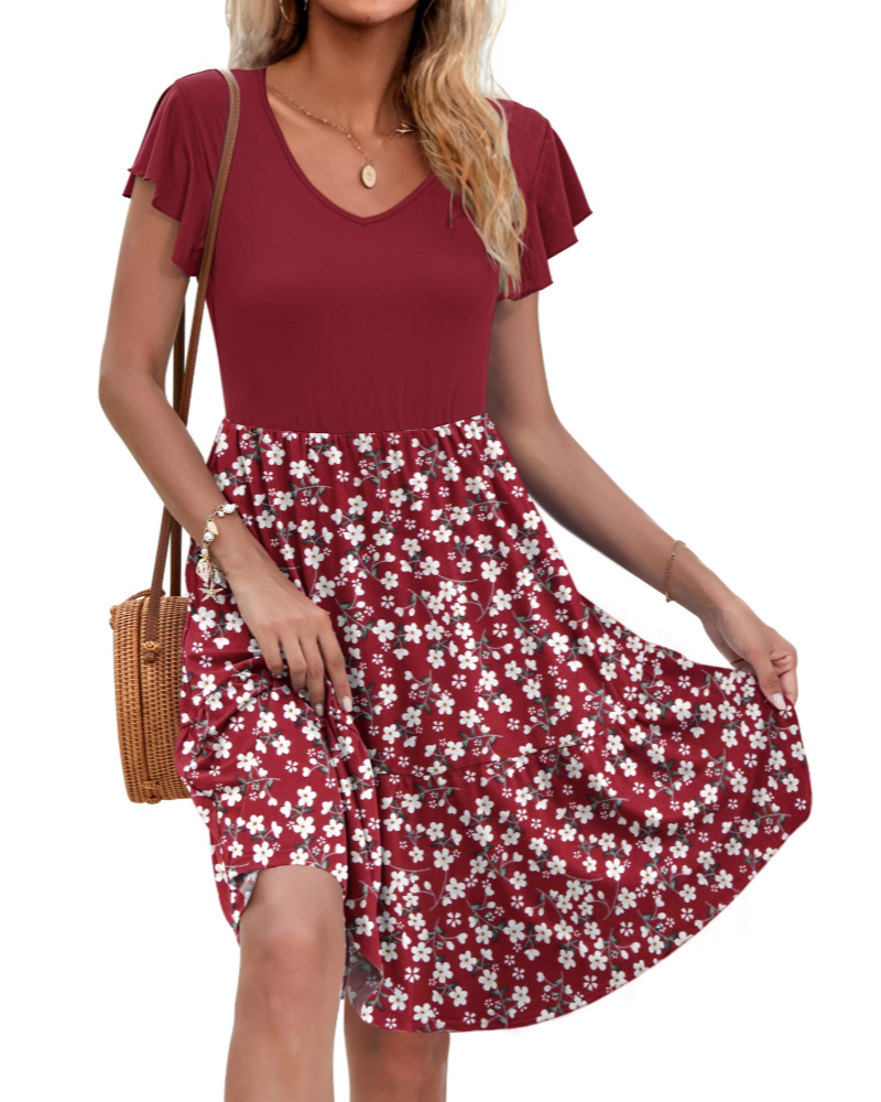 Mila Women’s V-Neck A-Line Dress – Ruffle Sleeve Fit & Flare Dress with Pockets