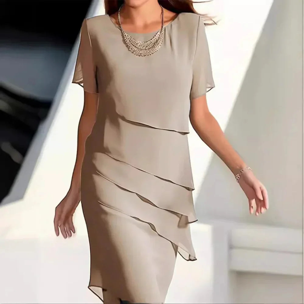 Elena Women’s Chiffon Tiered Dress – Elegant Short Sleeve Midi Dress with Flowy Fit