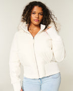 Elena Women’s Winter Coat – Warm Cropped Jacket with Faux Fur Hood & Insulated Lining