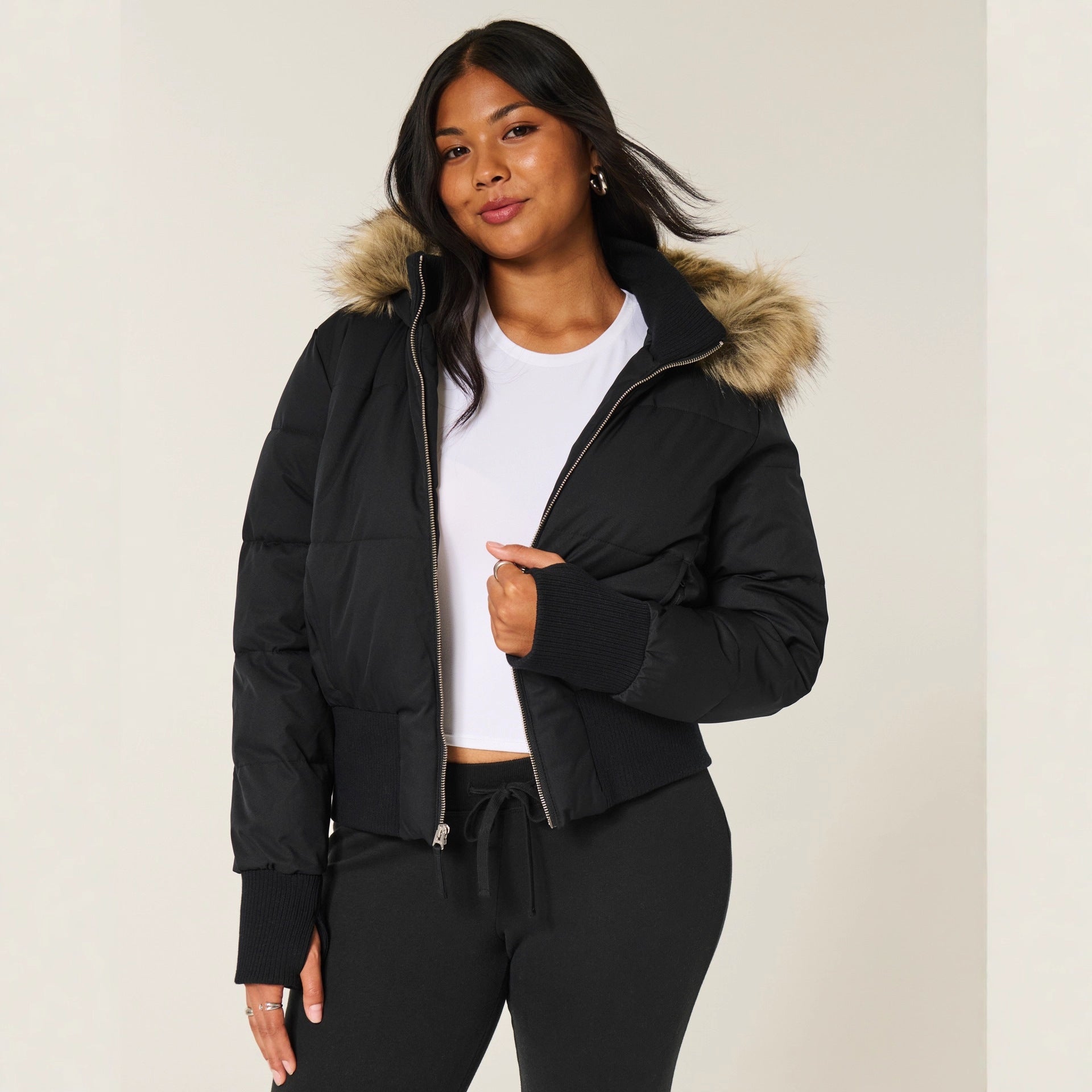 Elena Women’s Winter Coat – Warm Cropped Jacket with Faux Fur Hood & Insulated Lining