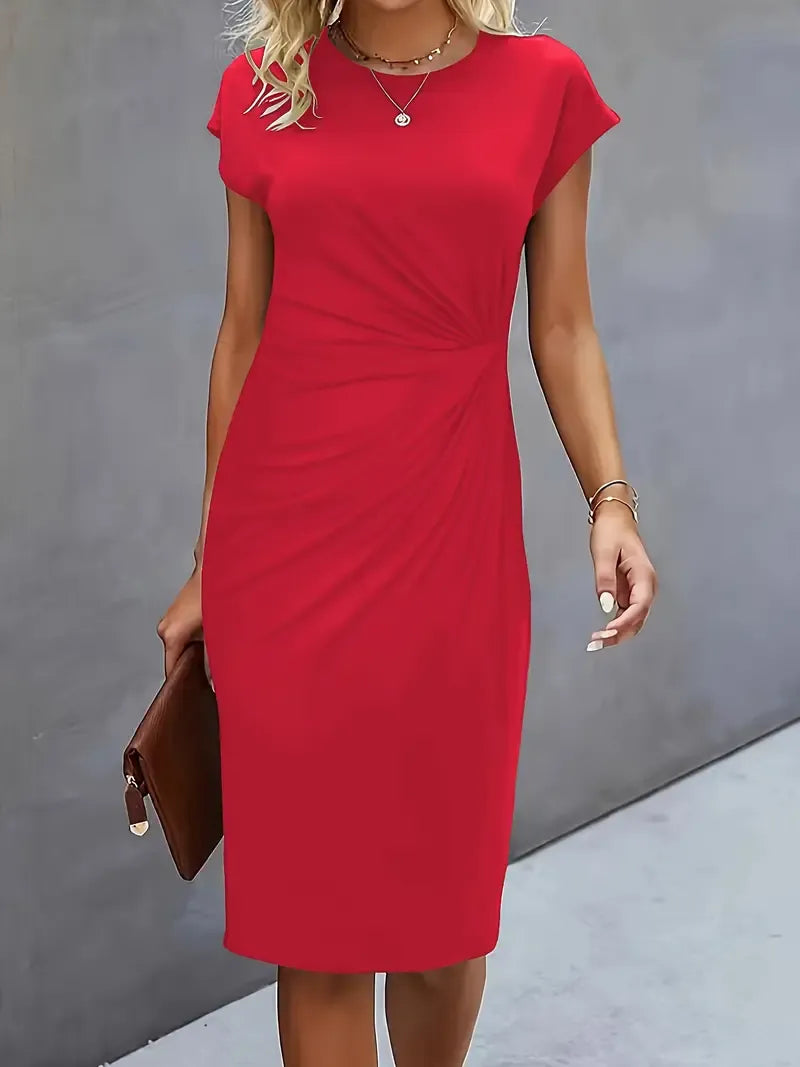 Amyrose Women’s Midi Dress – Elegant Fitted Office Dress with Classic Round Neck