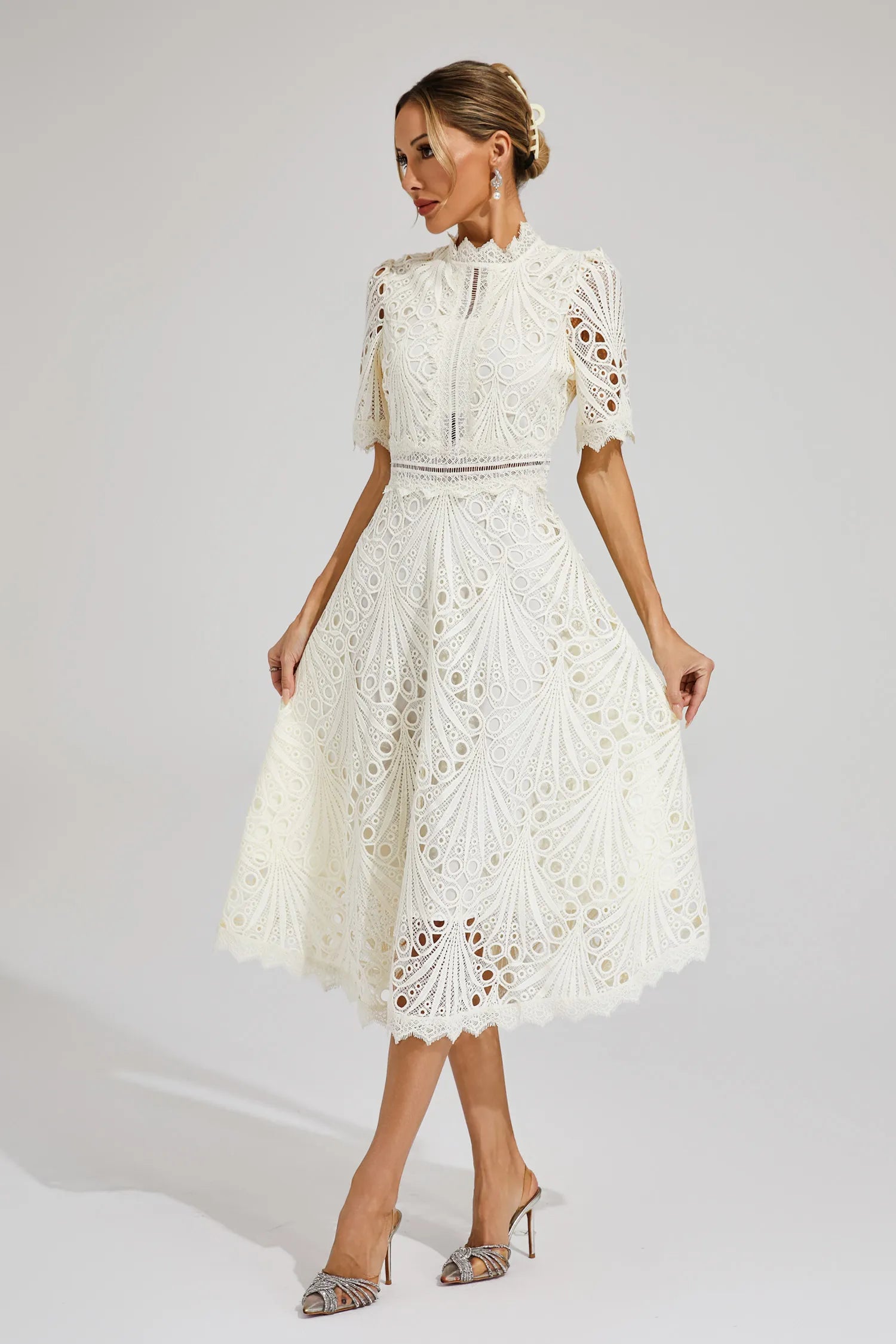 Giada Women’s Lace Midi Dress – Elegant Cut-Out Party Dress with Short Sleeves