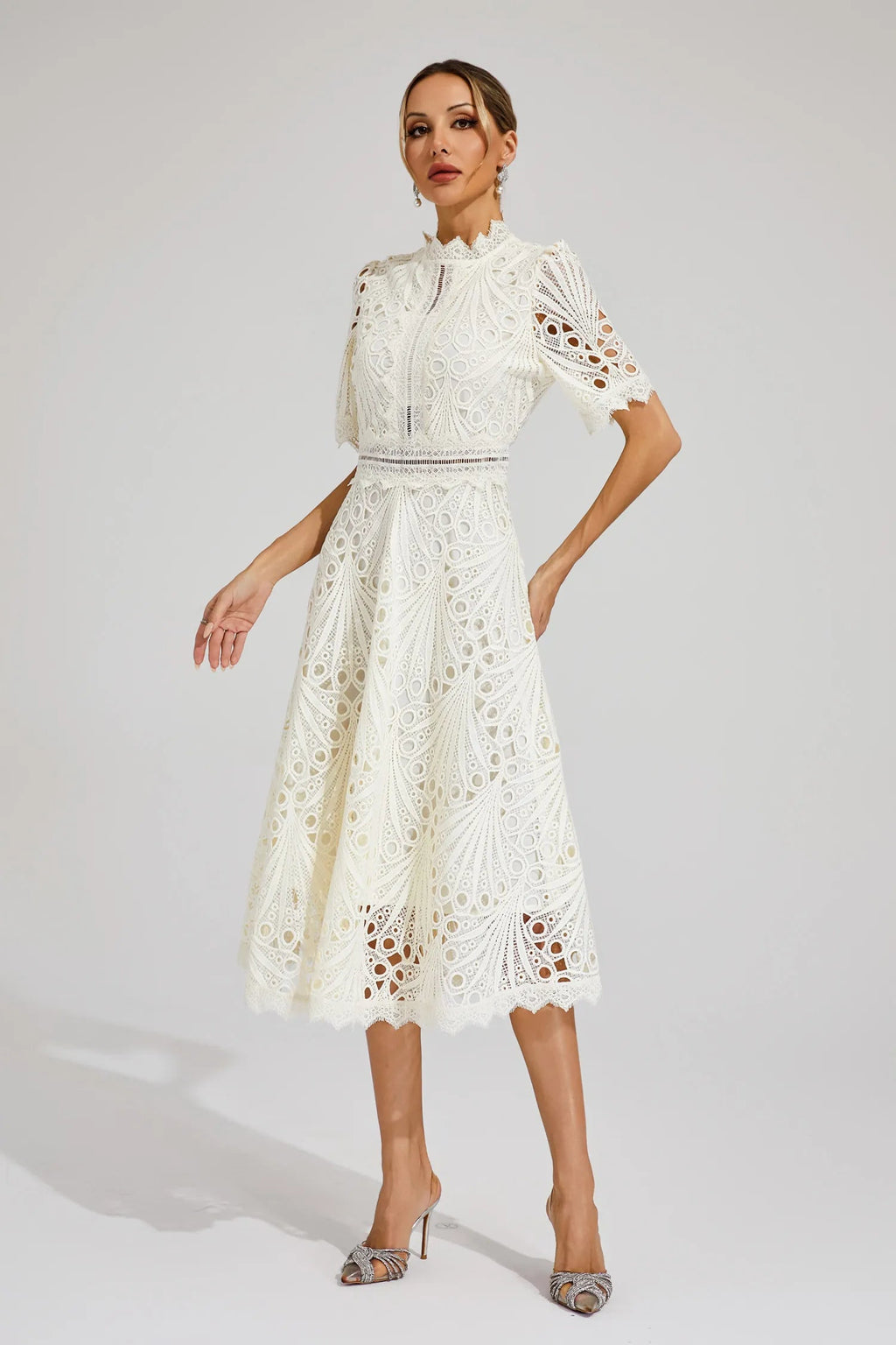 Giada Women’s Lace Midi Dress – Elegant Cut-Out Party Dress with Short Sleeves