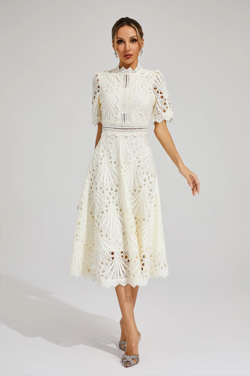 Giada Women’s Lace Midi Dress – Elegant Cut-Out Party Dress with Short Sleeves